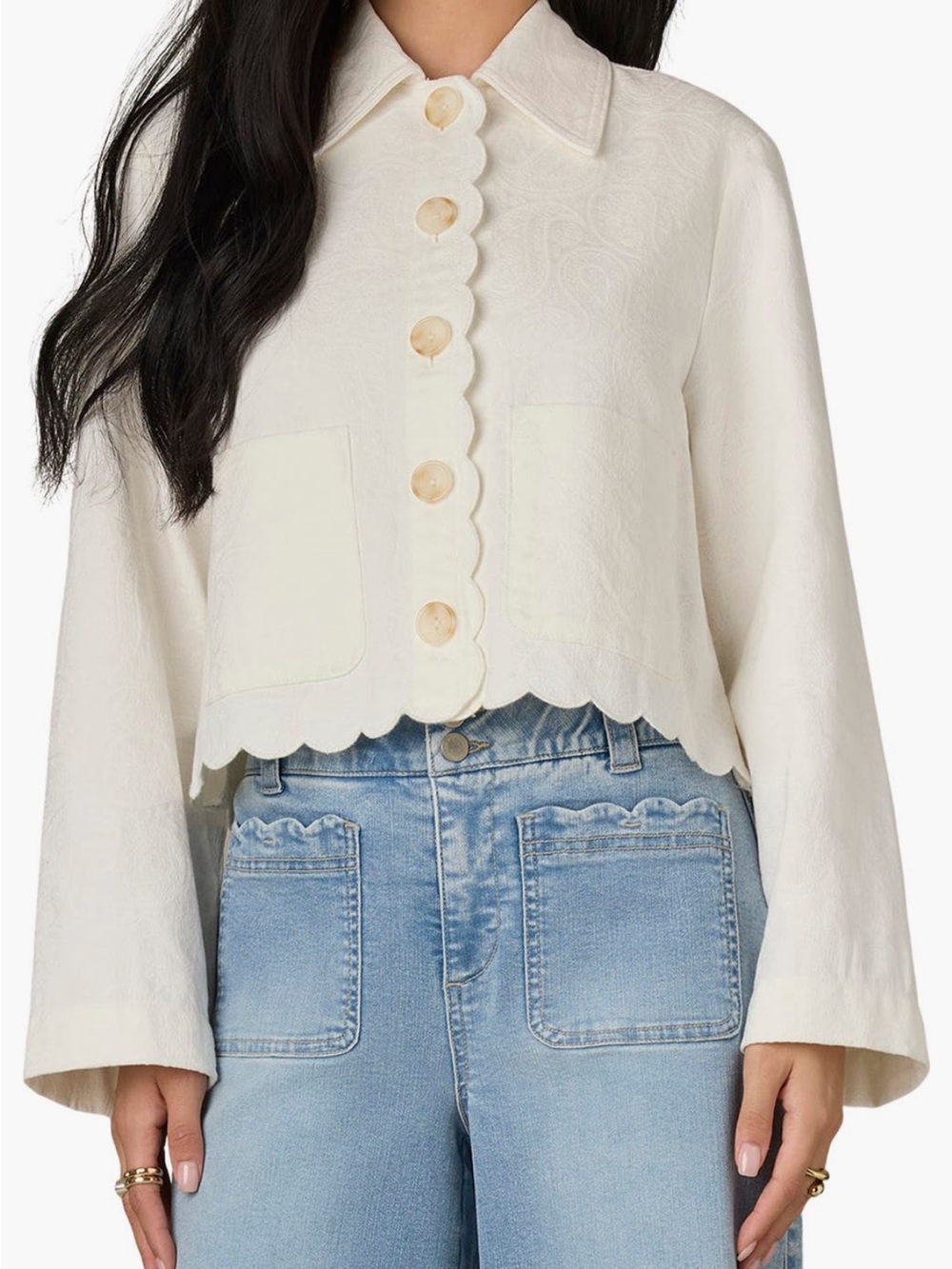 Wit & Wisdom Scallop Detail Cotton Crop Jacket in white